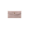 A pink PU leather glasses pouch with a snap closure and a subtle texture, featuring a small logo.