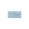 A light blue PU leather glasses pouch with a gold snap button closure and stitched detailing. It has a logo.