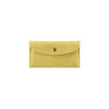 A yellow PU leather glasses pouch with a flap closure and a decorative button. Features a simple logo. 