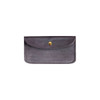 A grey velvet glasses pouch featuring a snap closure and a gold-toned stud.