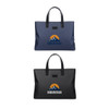 A nylon briefcase in navy blue and black, featuring a logo with a mountain design and sturdy handles.