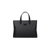 A black nylon briefcase with sturdy handles and a sleek design, featuring a logo on the front.