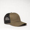 An olive green trucker cap with a black mesh back and a curved peak, featuring a logo on the side.