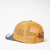 A trucker cap featuring a blue front and a yellow mesh back, with an adjustable closure and a logo on the side.