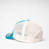 A blue and white UFlex Classic Ultra-lite 6 Panel Trucker Cap with a mesh back and curved brim.