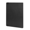 An extra large black soft cover notebook with elastic closure and rounded corners, featuring a logo.