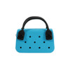 A small handbag in bright blue with black handles and holes on the front, featuring a logo.