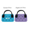 A mini handbag in blue with holes and black handles, alongside a purple version with various holes, both featuring branding.