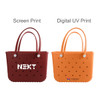 A maroon EVA beach bag with a logo and an orange EVA beach bag with polka dots and a logo.