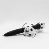 A black pen with white soccer ball ends featuring a logo, designed for fun and interactive writing.