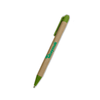 A ballpoint pen with a brown cardboard body and green plastic accents. It features a logo.