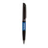 A black ballpoint pen featuring a metal clip and a blue section with a logo.