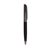 A black wooden and metal ballpoint pen, featuring a sleek design and a shiny clip, with a logo on the barrel.