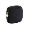 A stylish mini makeup bag in black suede, featuring a gold zipper and pull tab.
