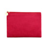 A red durable flat makeup bag with a zip closure and a gold accent. It has a smooth, textured finish.