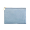 A durable flat makeup bag in a soft blue colour, featuring a gold zipper and a small charm.