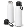 A drink bottle with a sleek white body, black lid, and a textured black handle, featuring a logo.