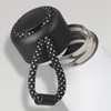 A drink bottle with a sleek white body and a black, textured lid featuring a black and white braided strap.