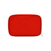 A red empty first aid kit bag with a zip closure and a flat surface. Features a logo.