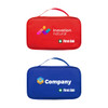 A red and a blue first aid kit bag with handles, both featuring logos and a cross symbol.