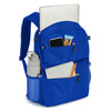 A blue backpack features multiple pockets, a drink bottle, a laptop, and stationery, with a logo on the front.