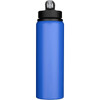 A drink bottle in bright blue, made from recycled stainless steel, featuring a black lid and a logo.