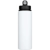 A drink bottle made of recycled stainless steel, featuring a sleek white finish and a black screw-on lid.
