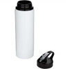 A drink bottle made of recycled stainless steel, featuring a white body and a black lid with a spout.