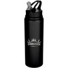 A drink bottle made of recycled stainless steel, featuring a black finish and a flip straw lid, with a logo.
