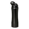 A drink bottle in matte black with a flip-top lid and a carrying handle, featuring a logo.