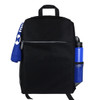 A black backpack with a mesh side pocket containing a blue drink bottle and a blue towel hanging on the front.