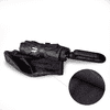 A black foldable umbrella with a handle, featuring a compact design and a smooth surface texture.