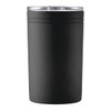 A black insulated drink bottle with a clear lid and a sleek design.