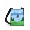 A custom sublimation crossbody bag featuring a scenic landscape with mountains, water, and trees in vibrant colours.