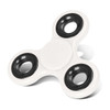 A fidget spinner featuring a white body and black bearings in each arm.