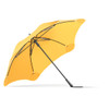 A yellow umbrella with a sleek design and a sturdy black frame, featuring a branding logo.