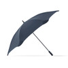A navy sport umbrella with a sleek design and a black handle, featuring a branding logo.