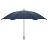 A navy blue sport umbrella with a curved shape and a handle, featuring a simple logo.