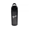 A drink bottle in black with a handle and a logo, featuring a sleek, contemporary design.