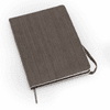 A brown eco notebook with a textured cover and a matching ribbon bookmark. It also features a logo.