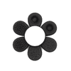 A black silicone product shaped like a flower with various textured petal designs and a central circular opening.