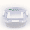 A white lunch box with a transparent lid, featuring a logo on the top. It has a secure clasp for closure.