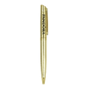 A gold metal ball pen with a clip and a logo on the body.