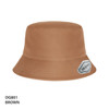 A brown bucket hat with a branded logo, featuring a wide brim and a classic design.