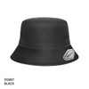 A black premium bucket hat with a branded logo on the side.