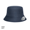 A navy bucket hat with a logo on the side and a wide brim.