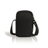 A black recycled camera bag with a zip closure and an adjustable shoulder strap. It includes a branding logo.