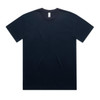 An oversized tee in navy blue, featuring a simple design with a neckline and short sleeves. It has a logo on the label.
