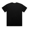 A black oversized tee with a plain design and no graphic elements, featuring a logo on the back.