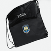 A black drawstring bag with a zippered pocket and a logo on the front.
